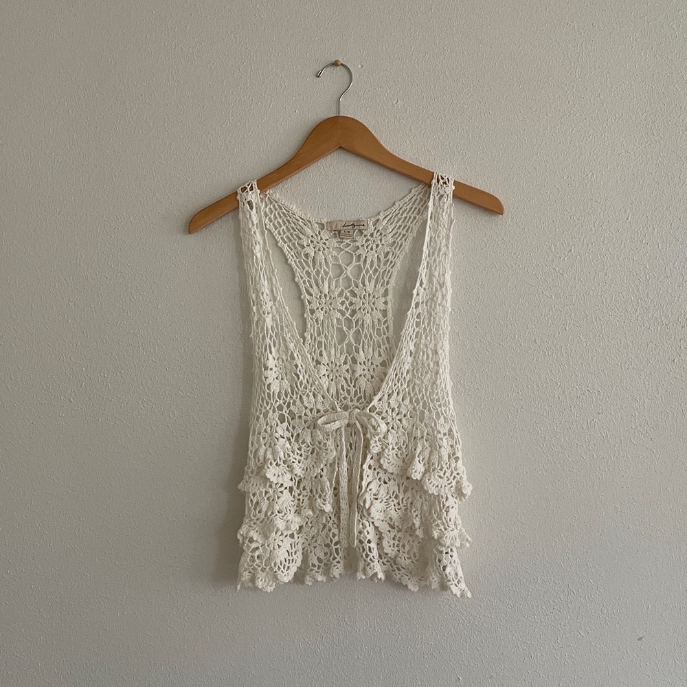 Crochet Vest Scoop Tie Front Tiered Lacey Sweater
